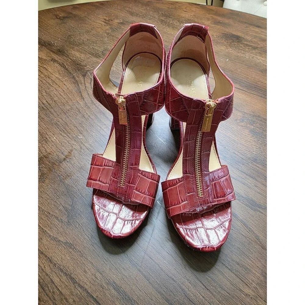 Michael Kors Red Croc Embossed T-Strap High Heel Sandals 9.5M